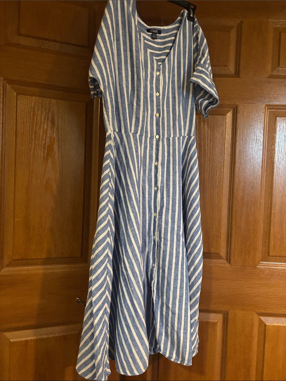 Chaps Blue and White Striped Midi Button-Front Dress